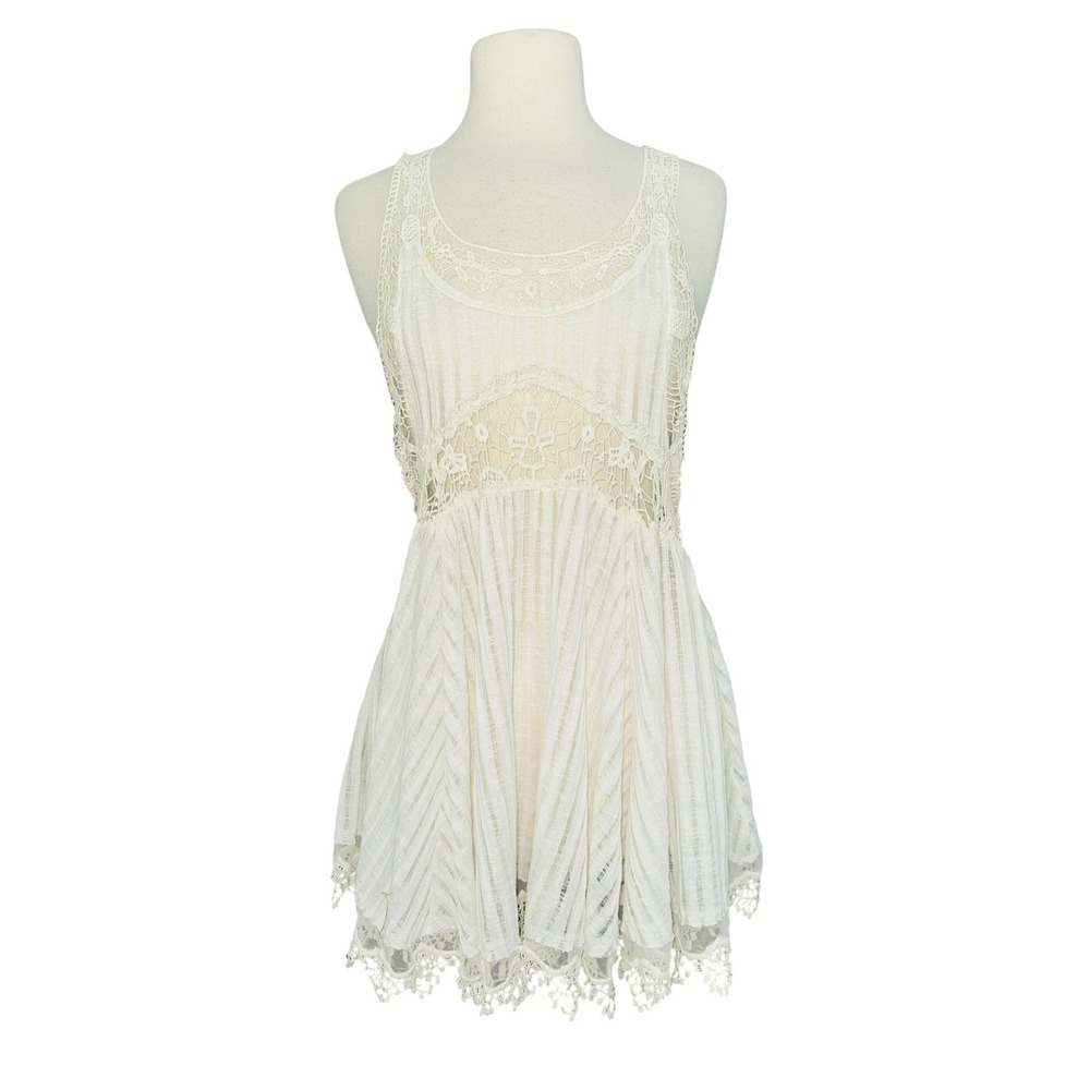 Vintage Havana Cream Crochet Lace Trim Mini Dress Sleeveless One Size‎